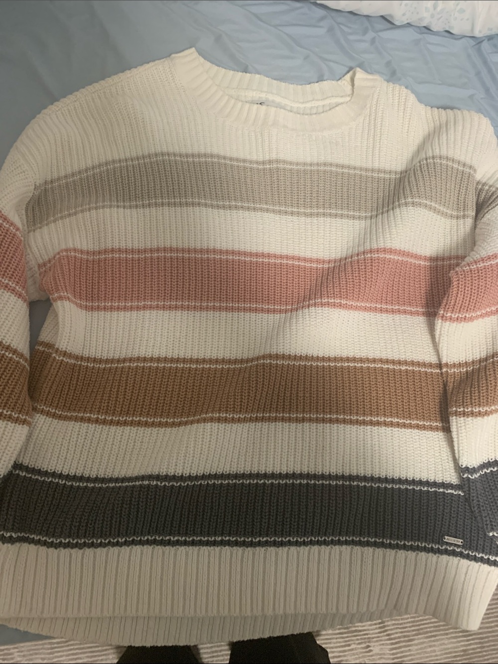 Hollister Cream Crewneck Sweater with Pink, Brown and Gray Stripes